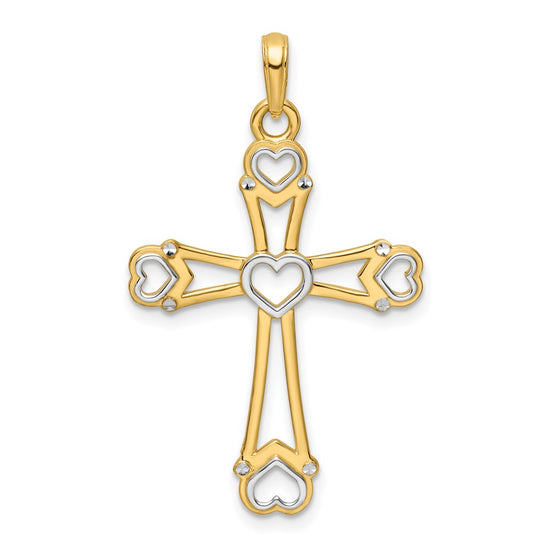 14K and White Rhodium Diamond-cut Cross with Hearts Pendant