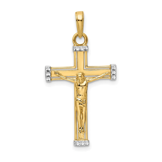 14K and White Rhodium Diamond-cut Crucifix Pendant