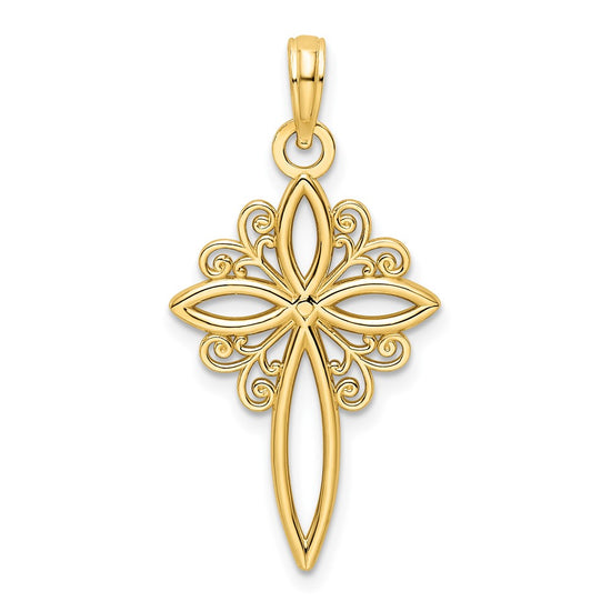 14K Scroll Design Polished Cross Pendant