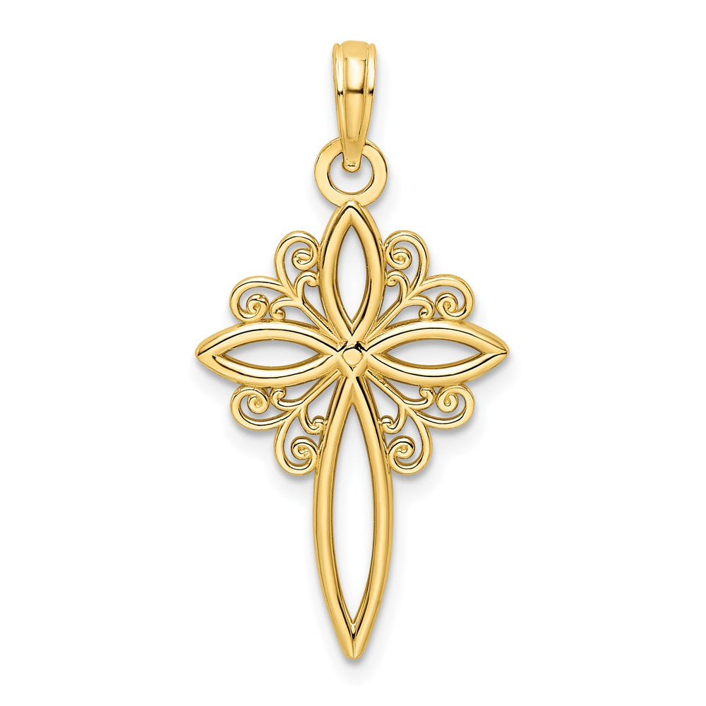 14K Scroll Design Polished Cross Pendant