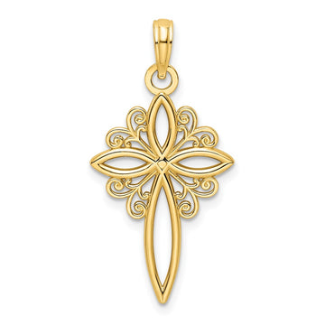 14K Scroll Design Polished Cross Pendant