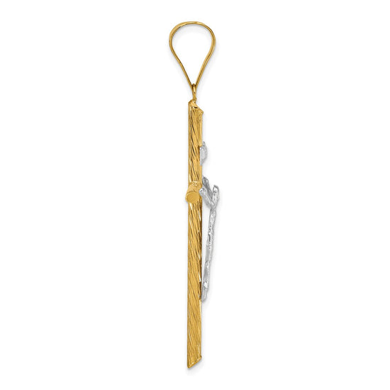 14K and White Rhodium Polished and Textured INRI Crucifix Cross Pendant