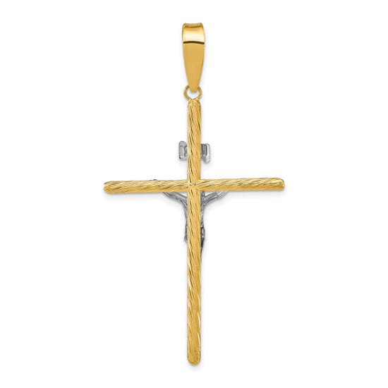 14K and White Rhodium Polished and Textured INRI Crucifix Cross Pendant