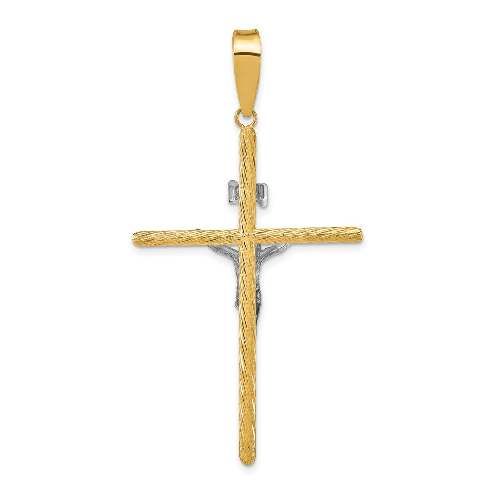 14K and White Rhodium Polished and Textured INRI Crucifix Cross Pendant