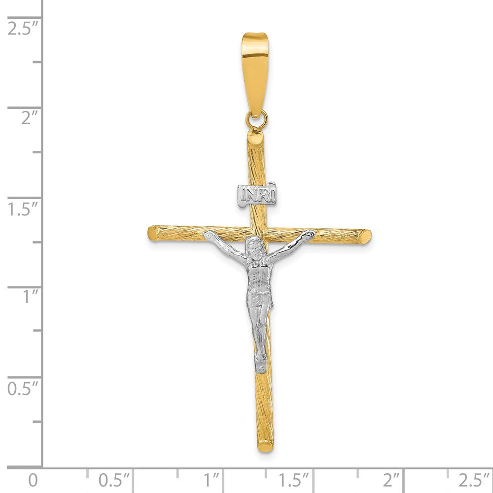 14K and White Rhodium Polished and Textured INRI Crucifix Cross Pendant