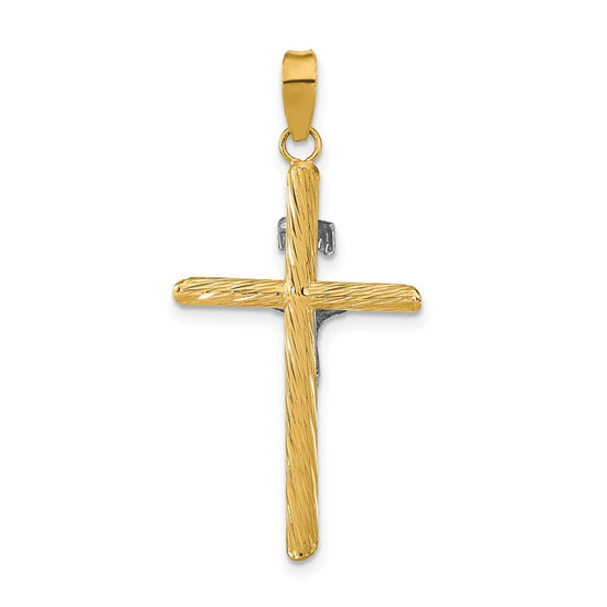 14K and White Rhodium Polished and Textured INRI Crucifix Cross Pendant