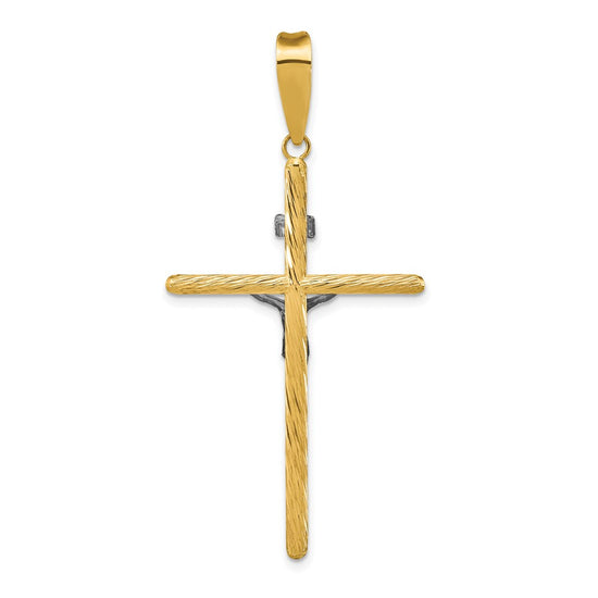 14K and White Rhodium Polished and Textured INRI Crucifix Cross Pendant