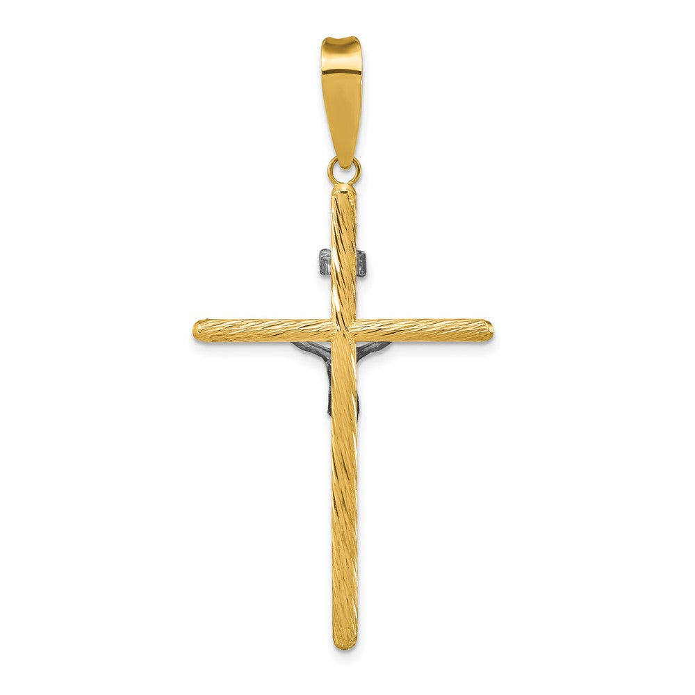 14K and White Rhodium Polished and Textured INRI Crucifix Cross Pendant