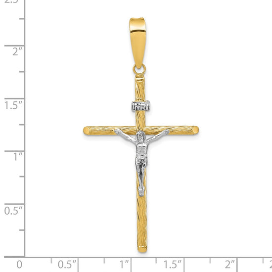 14K and White Rhodium Polished and Textured INRI Crucifix Cross Pendant