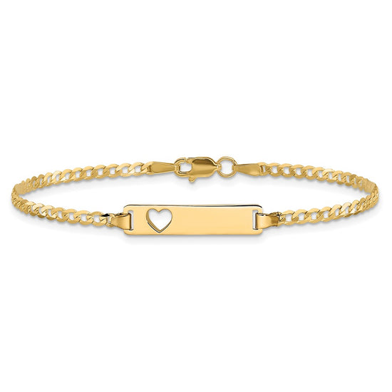 14k Polished Solid Chain/Solid Plate Curb Link Cut-out Heart 20x5mm Plate 8 inch ID Bracelet