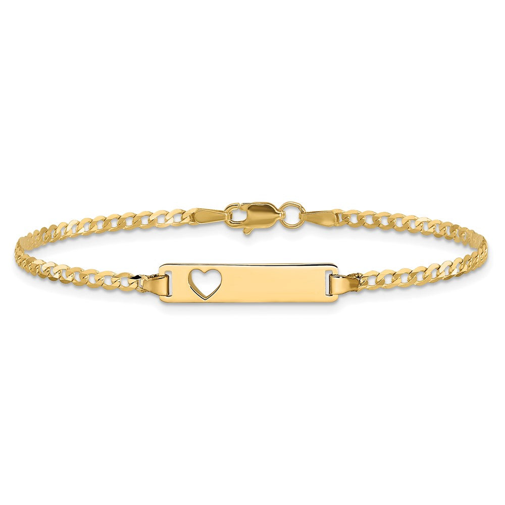 14k Polished Solid Chain/Solid Plate Curb Link Cut-out Heart 20x5mm Plate 8 inch ID Bracelet