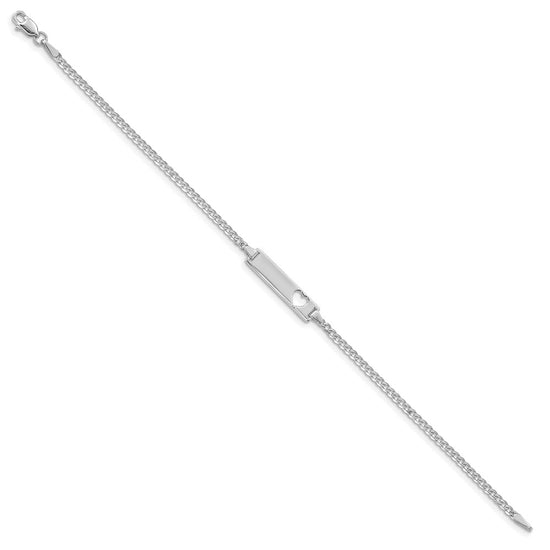 14k White Gold Polished Solid Chain/Solid Plate Curb Link Cut-out Heart 20x5mm Plate 7 inch ID Bracelet