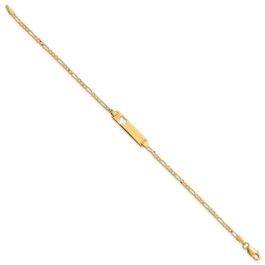 14k Polished Solid Chain/Solid Plate Figaro Link Cut-out Heart 20x5mm Plate 7 inch ID Bracelet