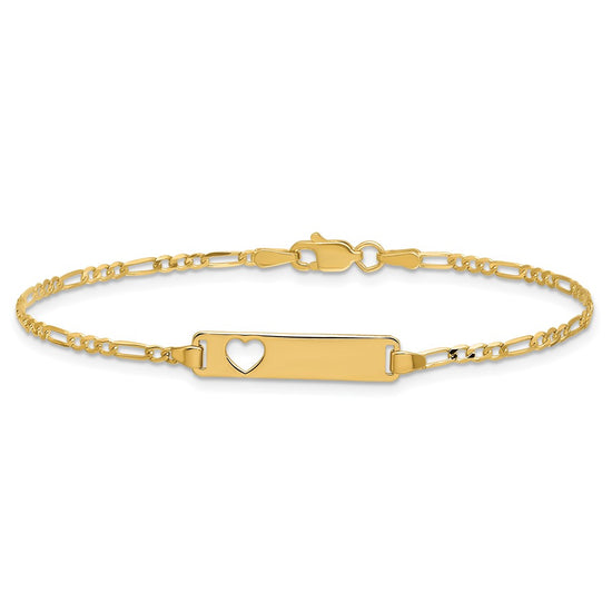 14k Polished Solid Chain/Solid Plate Figaro Link Cut-out Heart 20x5mm Plate 7 inch ID Bracelet