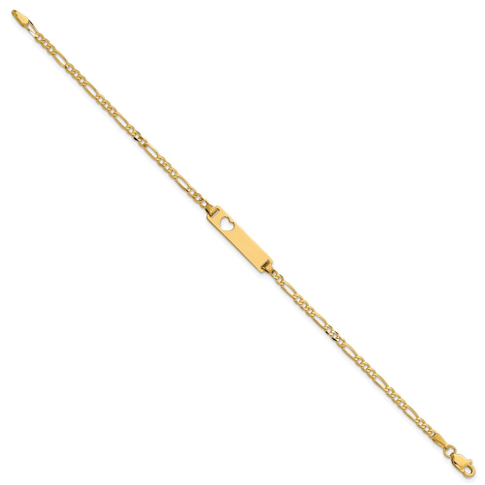 14k Polished Solid Chain/Solid Plate Figaro Link Cut-out Heart 20x5mm Plate 7 inch ID Bracelet
