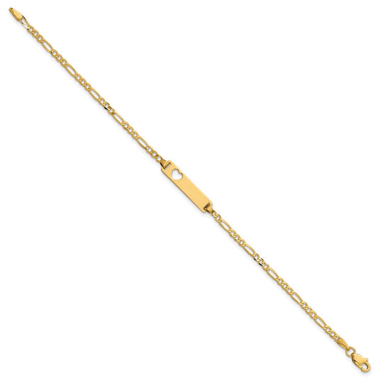 14k Polished Solid Chain/Solid Plate Figaro Link Cut-out Heart 20x5mm Plate 8 inch ID Bracelet