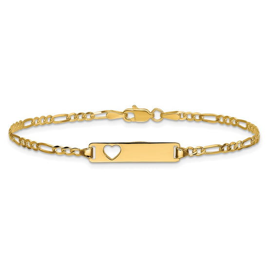14k Polished Solid Chain/Solid Plate Figaro Link Cut-out Heart 20x5mm Plate 7 inch ID Bracelet