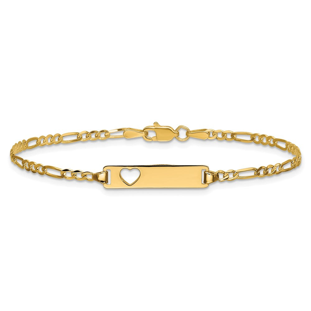 14k Polished Solid Chain/Solid Plate Figaro Link Cut-out Heart 20x5mm Plate 7 inch ID Bracelet
