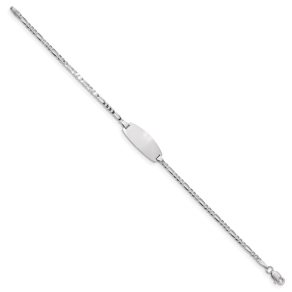 14k White Gold Polished Solid Chain/Solid Plate Figaro Link Oval 18x7.5mm Plate 7 inch ID Bracelet