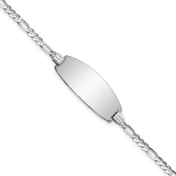 14k White Gold Polished Solid Chain/Solid Plate Figaro Link Oval 24x10.5mm Plate 7 inch ID Bracelet