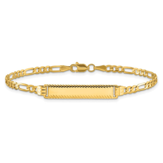 14k Polished Solid Chain/Solid Plate 3.0mm Figaro Link Diamond-cut 27x5.5mm Plate 7 inch ID Bracelet