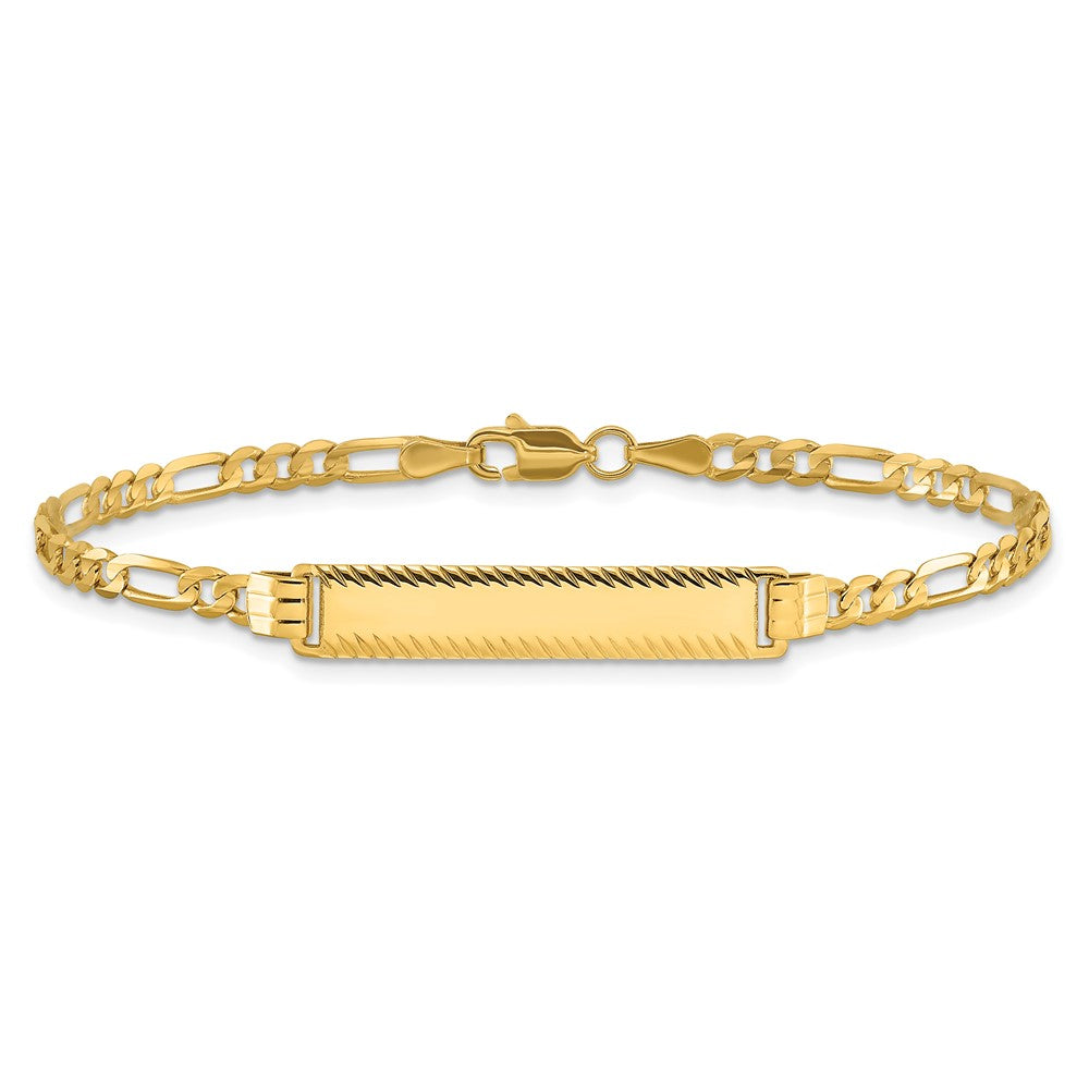 14k Polished Solid Chain/Solid Plate 3.0mm Figaro Link Diamond-cut 27x5.5mm Plate 7 inch ID Bracelet