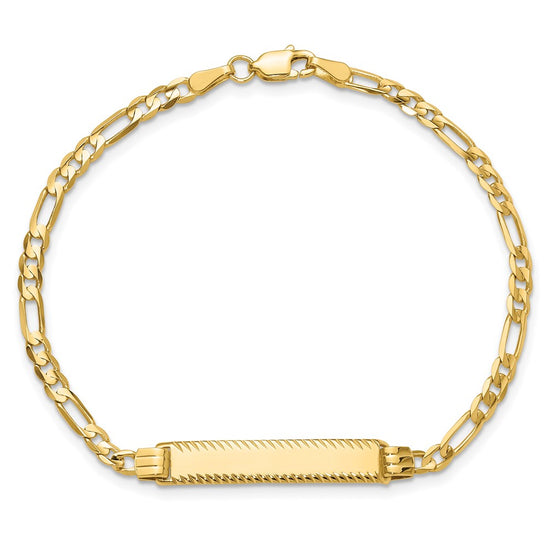14k Polished Solid Chain/Solid Plate 3.0mm Figaro Link Diamond-cut 27x5.5mm Plate 7 inch ID Bracelet