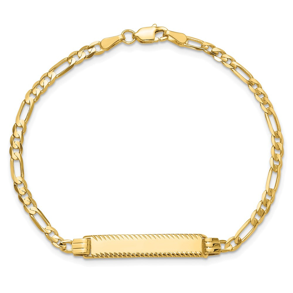 14k Polished Solid Chain/Solid Plate 3.0mm Figaro Link Diamond-cut 27x5.5mm Plate 7 inch ID Bracelet