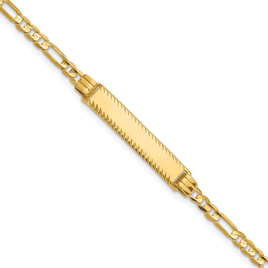 14k Polished Solid Chain/Solid Plate 3.0mm Figaro Link Diamond-cut 27x5.5mm Plate 7 inch ID Bracelet