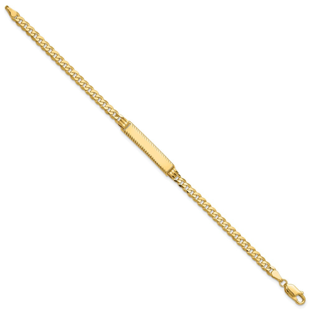 14k Polished Solid Chain/Solid Plate Flat Curb Link Diamond-cut 27x5.5mm Plate 7 inch ID Bracelet