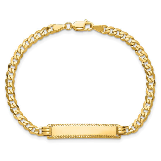 14k Polished Solid Chain/Solid Plate Flat Curb Link Diamond-cut 29x6.5mm Plate 7 inch ID Bracelet