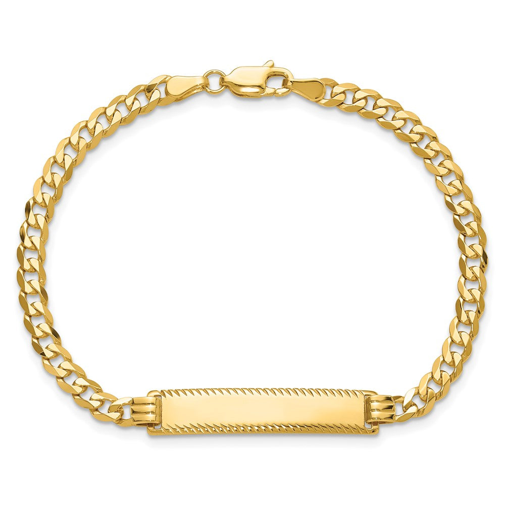 14k Polished Solid Chain/Solid Plate Flat Curb Link Diamond-cut 29x6.5mm Plate 7 inch ID Bracelet
