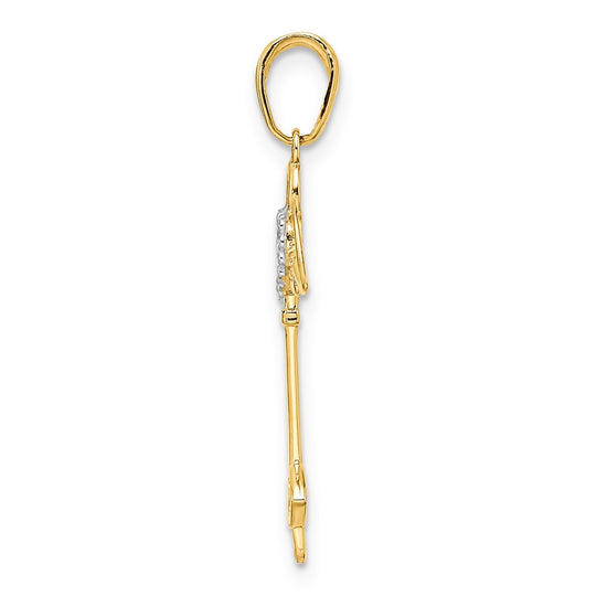 14k and White Rhodium Diamond-cut Heart/Angel Wings Key Pendant