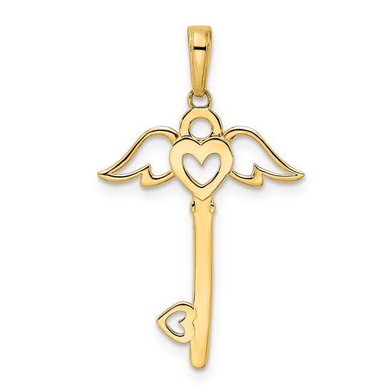 14k and White Rhodium Diamond-cut Heart/Angel Wings Key Pendant