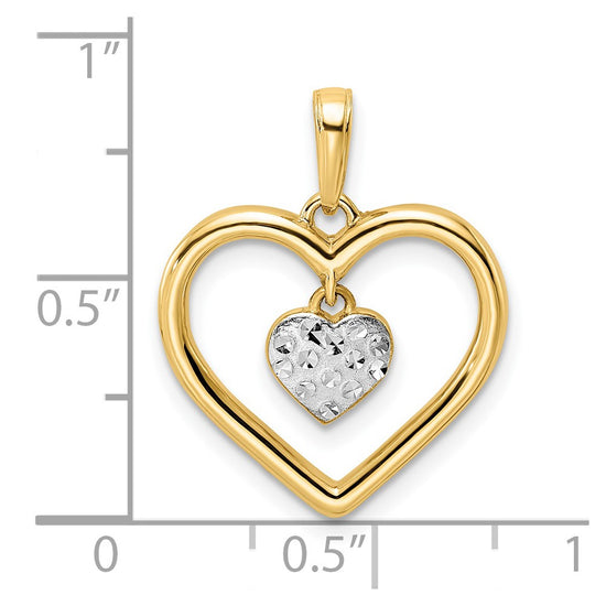 14k and White Rhodium Diamond-cut Heart Dangle in Heart Pendant