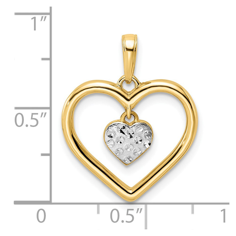 14k and White Rhodium Diamond-cut Heart Dangle in Heart Pendant