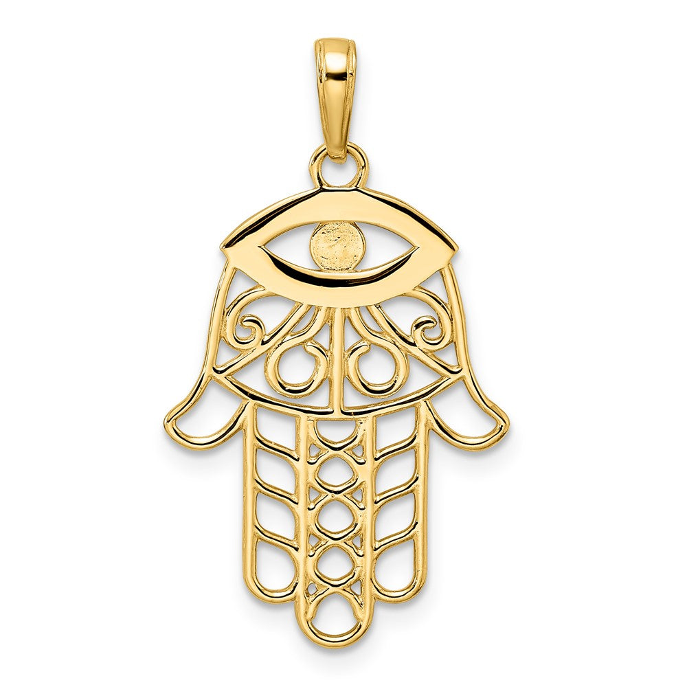 14k and White Rhodium Diamond-cut Evil Eye Filigree Hamsa Pendant