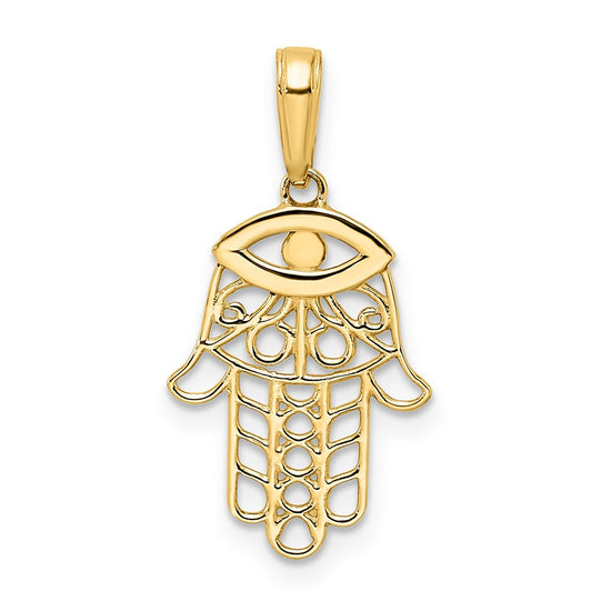 14k and White Rhodium Diamond-cut Evil Eye Filigree Hamsa Pendant