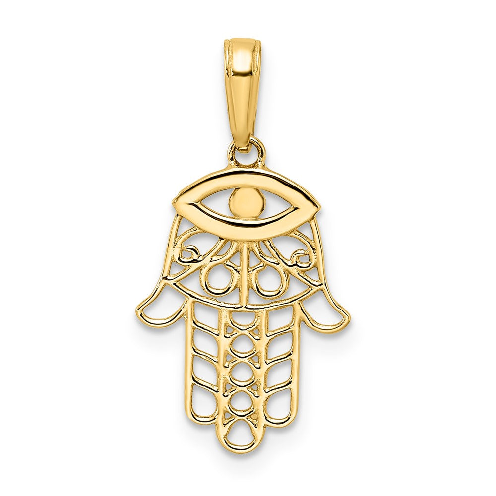 14k and White Rhodium Diamond-cut Evil Eye Filigree Hamsa Pendant