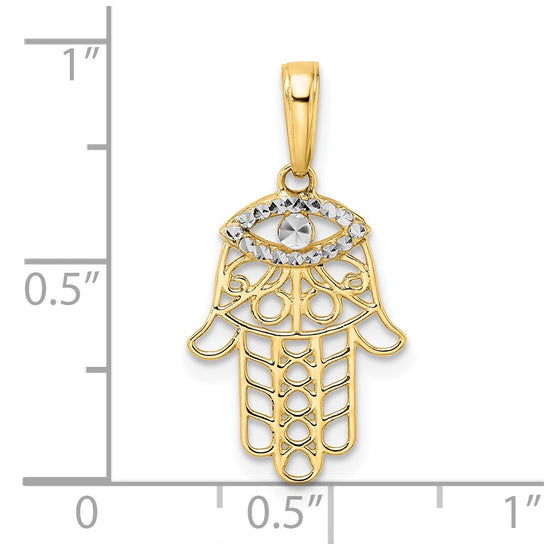 14k and White Rhodium Diamond-cut Evil Eye Filigree Hamsa Pendant