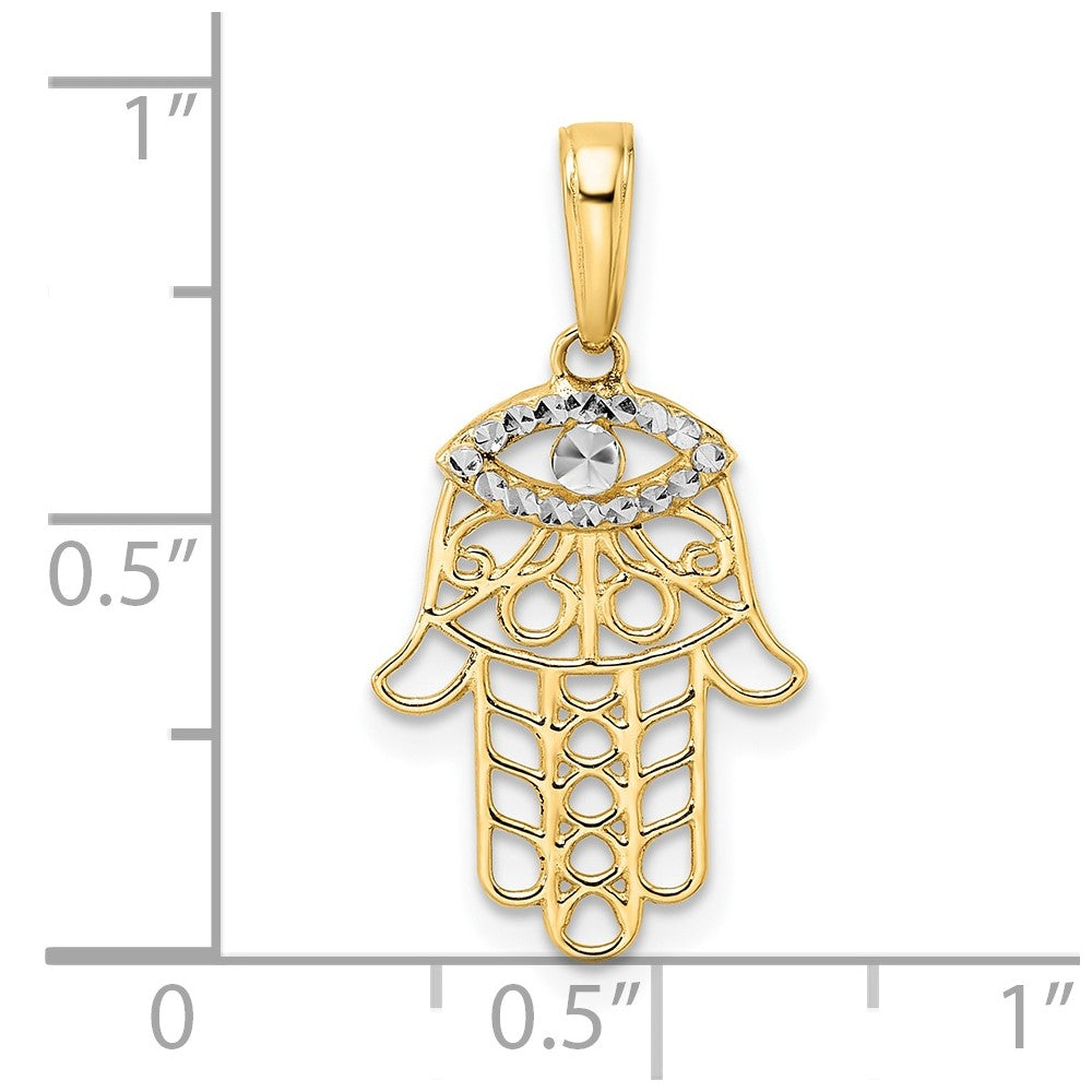 14k and White Rhodium Diamond-cut Evil Eye Filigree Hamsa Pendant