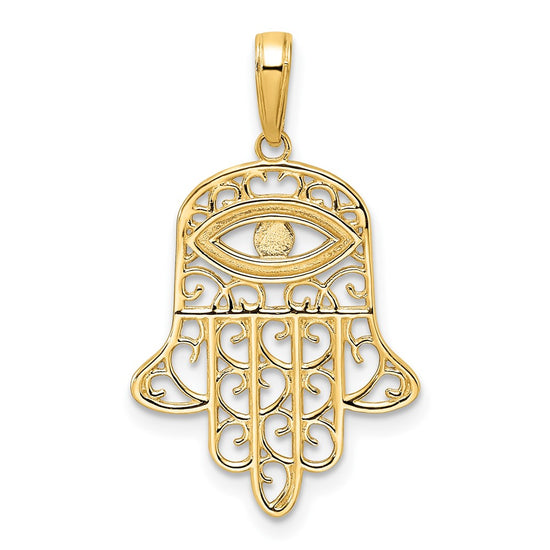 14k and White Rhodium Diamond-cut Filigree Evil Eye Hamsa Pendant