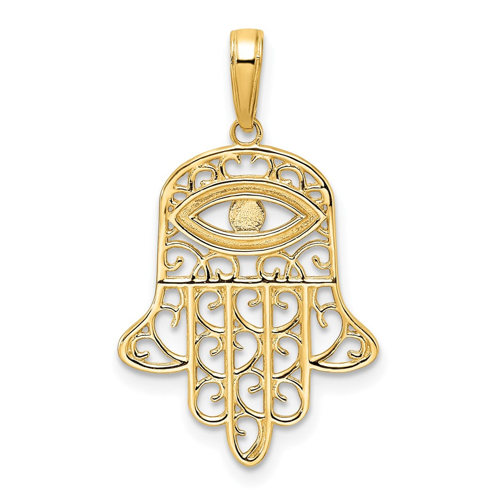 14k and White Rhodium Diamond-cut Filigree Evil Eye Hamsa Pendant