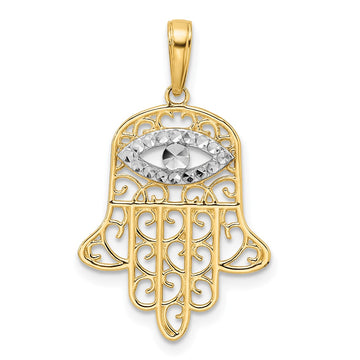 14k and White Rhodium Diamond-cut Filigree Evil Eye Hamsa Pendant