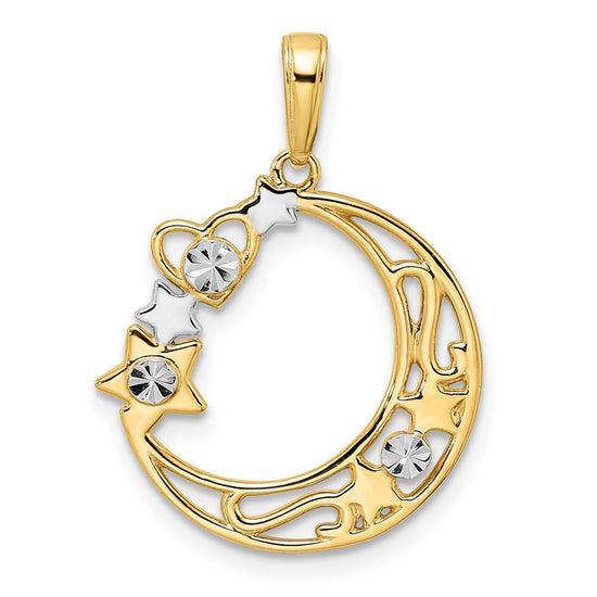 14k and White Rhodium Diamond-cut Heart/Star/Moon Pendant