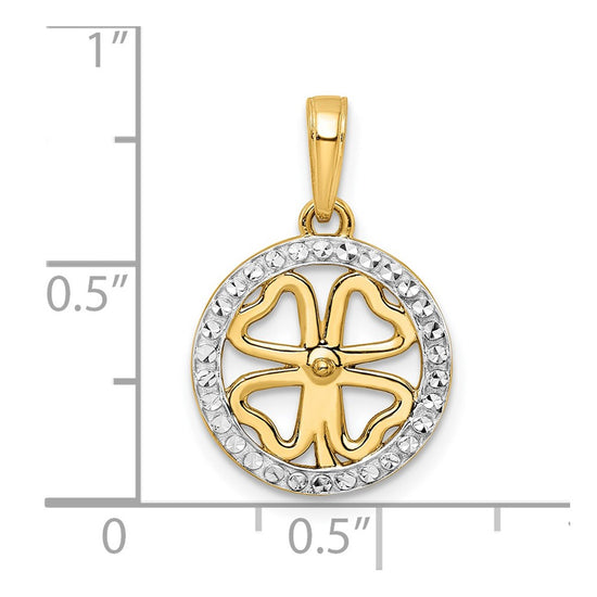 14K and White Rhodium Diamond-cut Four-leaf Clover Pendant