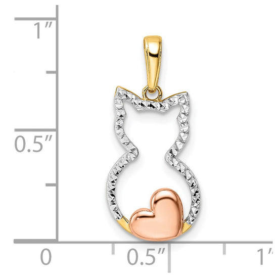 14k and White and Rose Rhodium Diamond-cut Cat with Heart Pendant