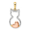 14k and White and Rose Rhodium Diamond-cut Cat with Heart Pendant