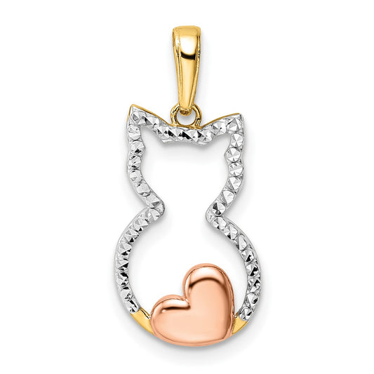 14k and White and Rose Rhodium Diamond-cut Cat with Heart Pendant