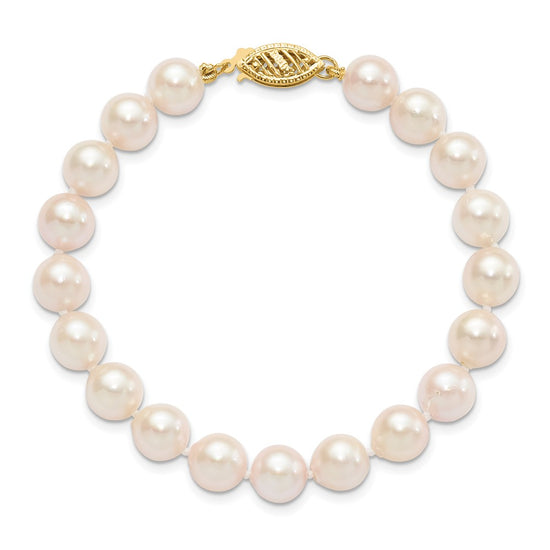 14k 7-8mm White Round Saltwater Akoya Cultured Pearl 8 inch Bracelet